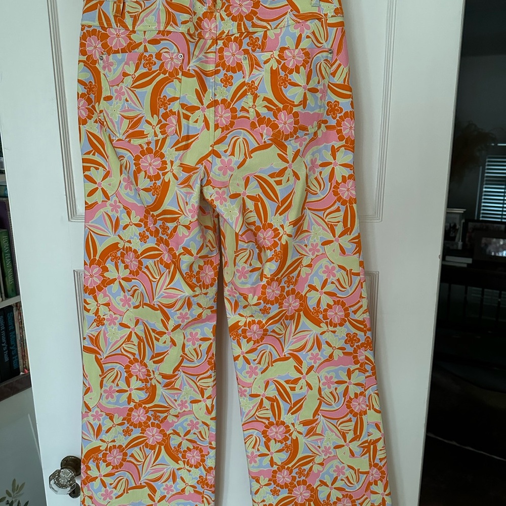 High waisted, full leg bright print jeans